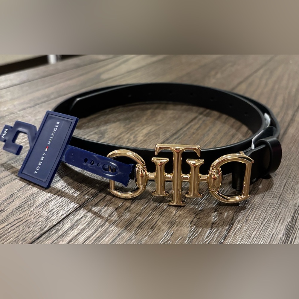 Tommy Hilfiger Black Belt with Gold Logo Buckle